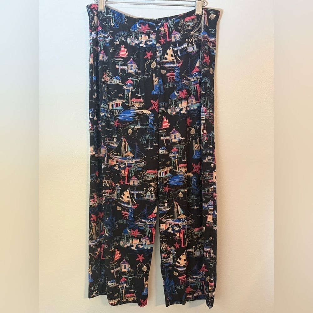 Chico's Travelers Novelty Sea Themed Print Wide Leg Crop Pants Size S